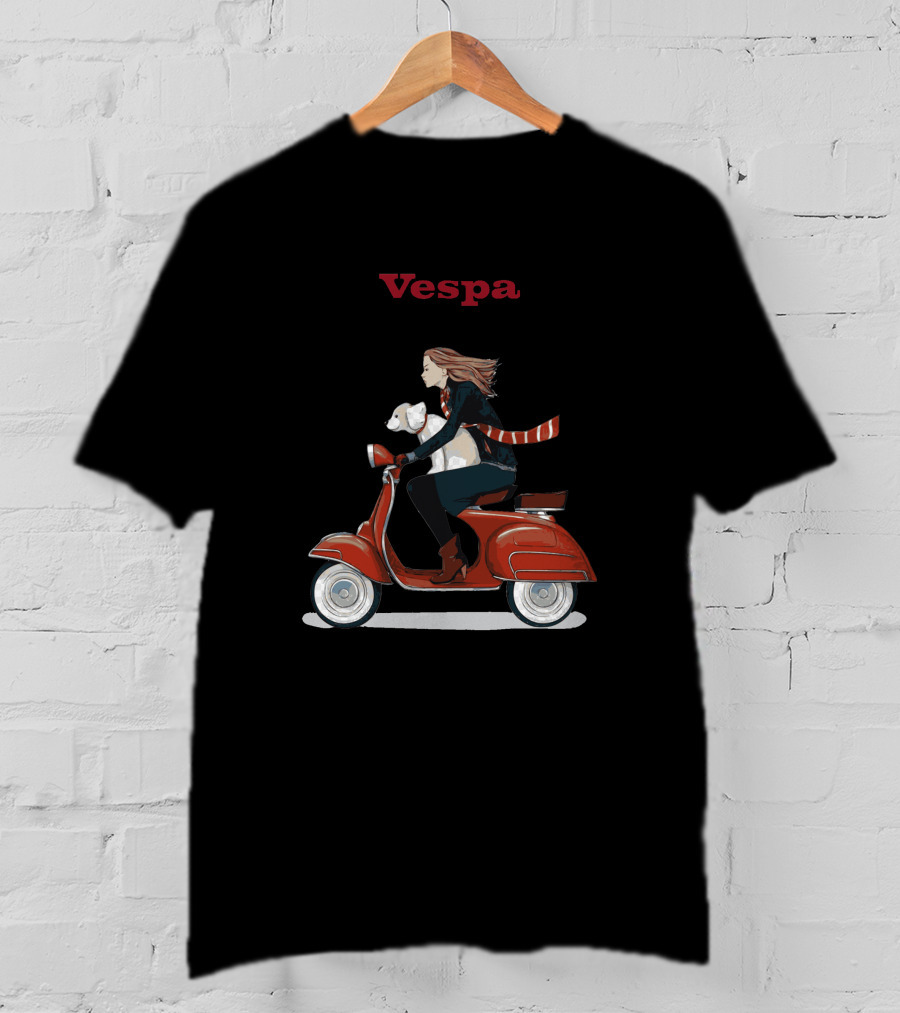 Vespa Red Scooter Woman Dog Pink Background T-Shirt
