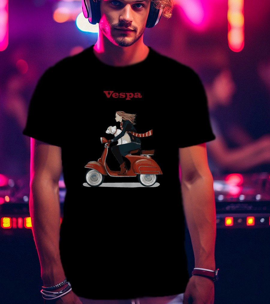 Vespa Red Scooter Woman Dog Pink Background T-Shirt