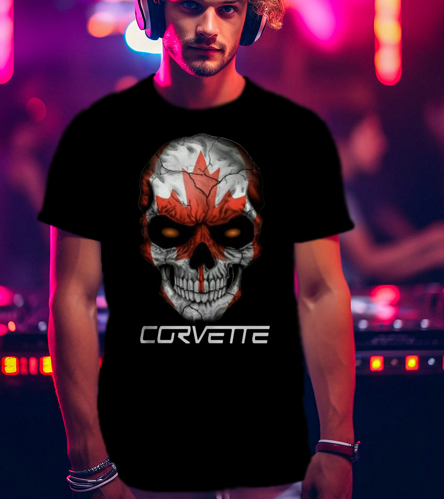 CORVETTE Canada Skull With Red Maple Leaf T-Shirt