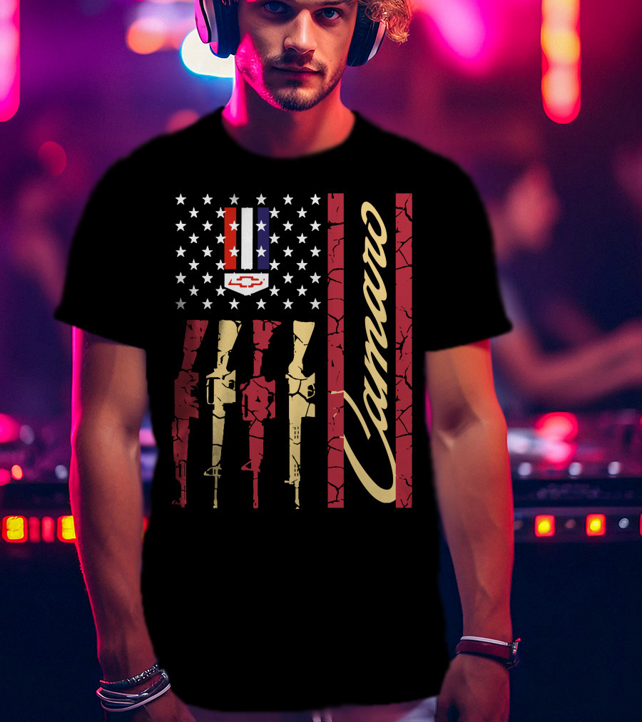 Camaro Chevrolet Logo Stars And Stripes With Rifle T-Shirt