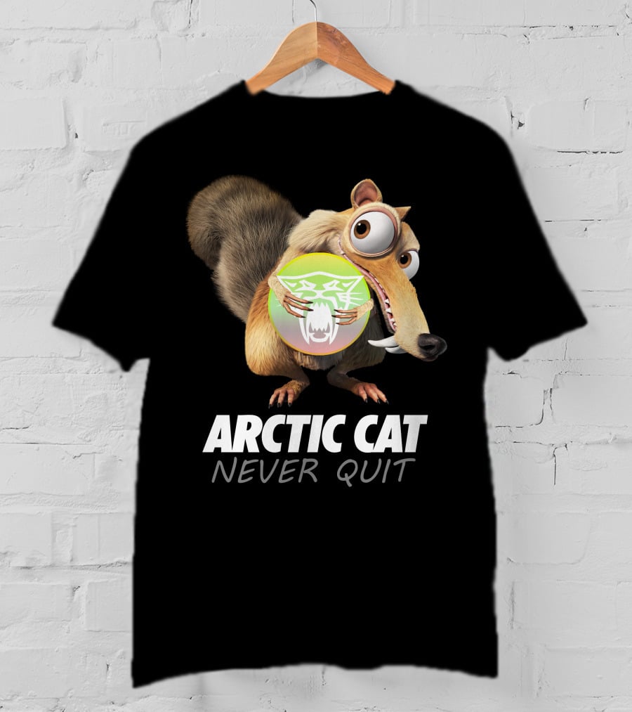 ARCTIC CAT NEVER QUIT Cartoon Character Holding T-Shirt