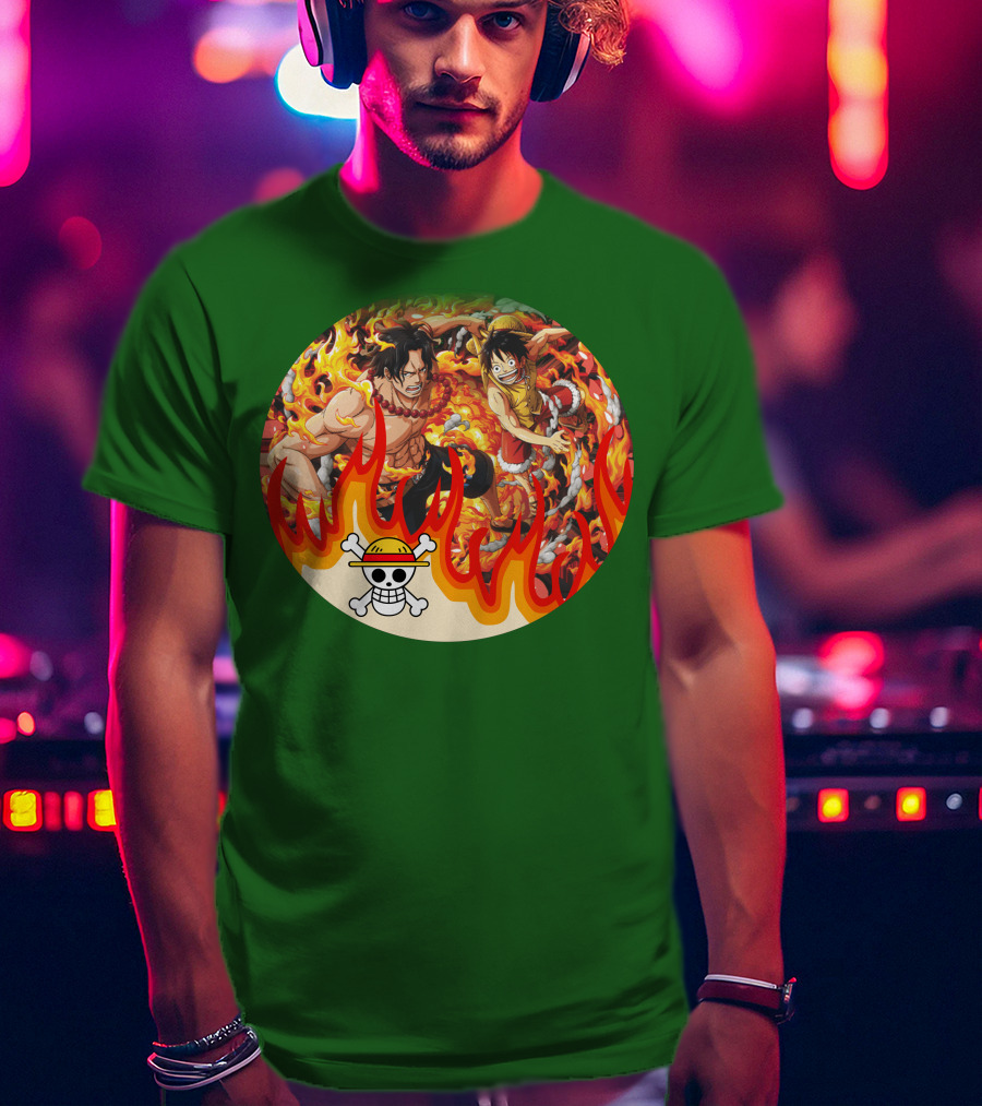 One Piece Luffy And Ace Fire Battle With Jolly Roger Hat T-Shirt