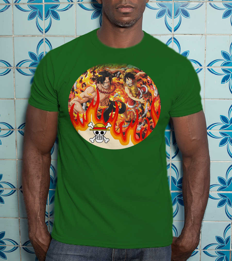 One Piece Luffy And Ace Fire Battle With Jolly Roger Hat T-Shirt