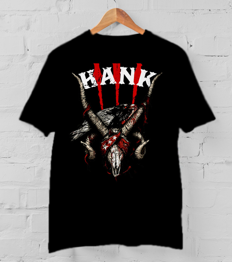Hank III Bird Skull And Goat Horns Red Stripes T-Shirt