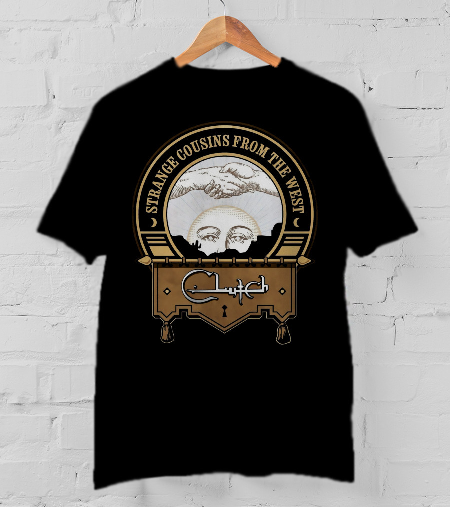 Strange Cousins From The West Clutch Album Art With Handshake And Sun Face T-Shirt