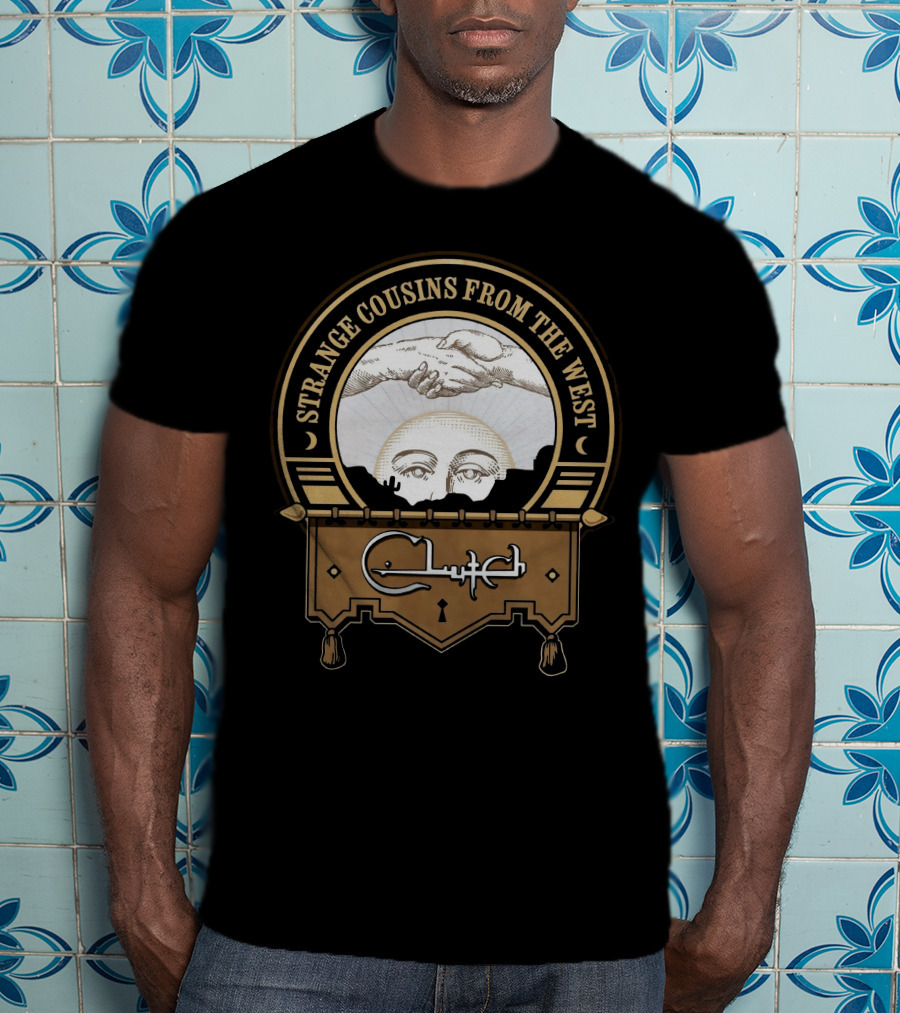 Strange Cousins From The West Clutch Album Art With Handshake And Sun Face T-Shirt