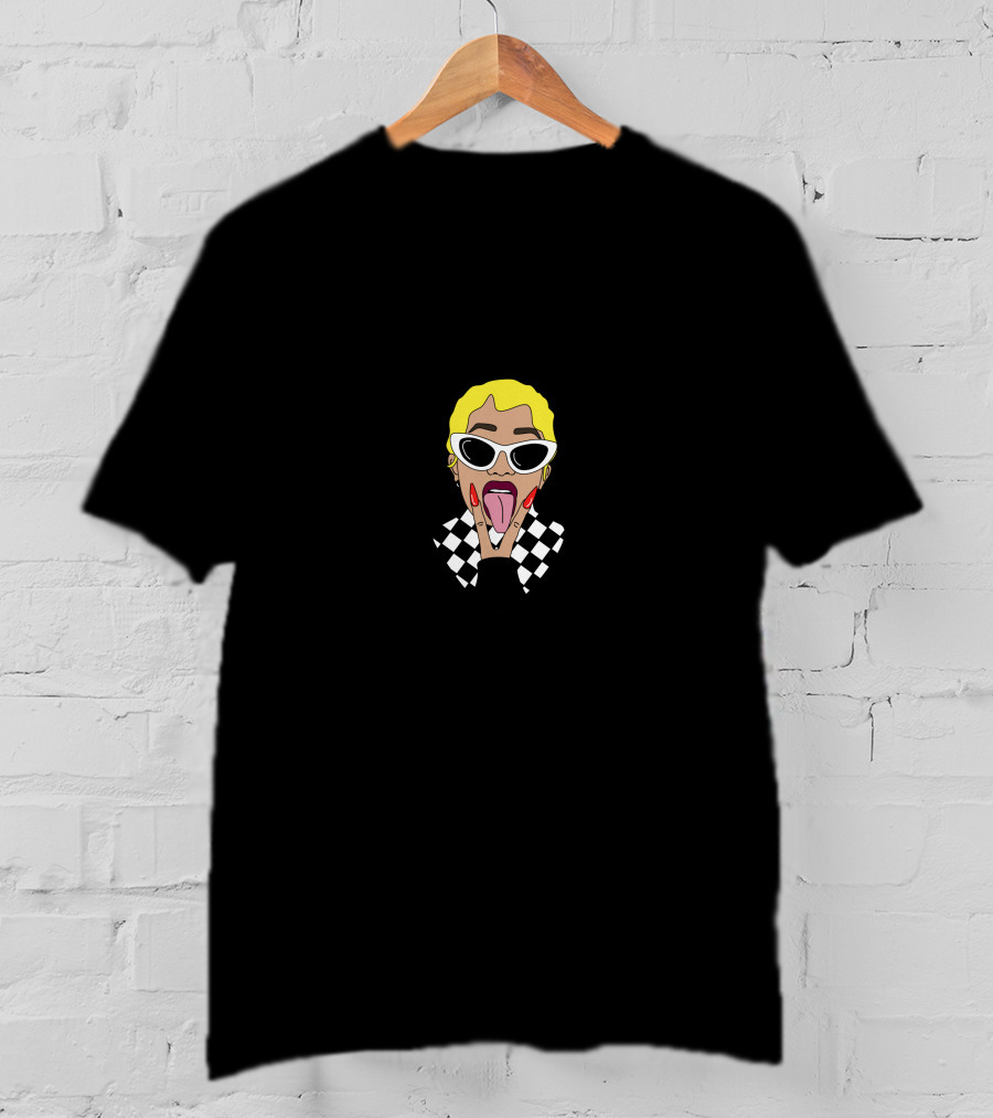 Cardi Yellow Hair Black White Checkered Outfit Sunglasses Tongue Out T-Shirt