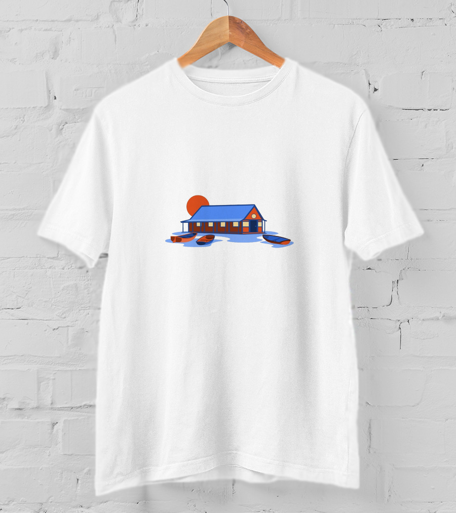 Boathouse Sunrise With Rowboats And Pier Shadow T-Shirt