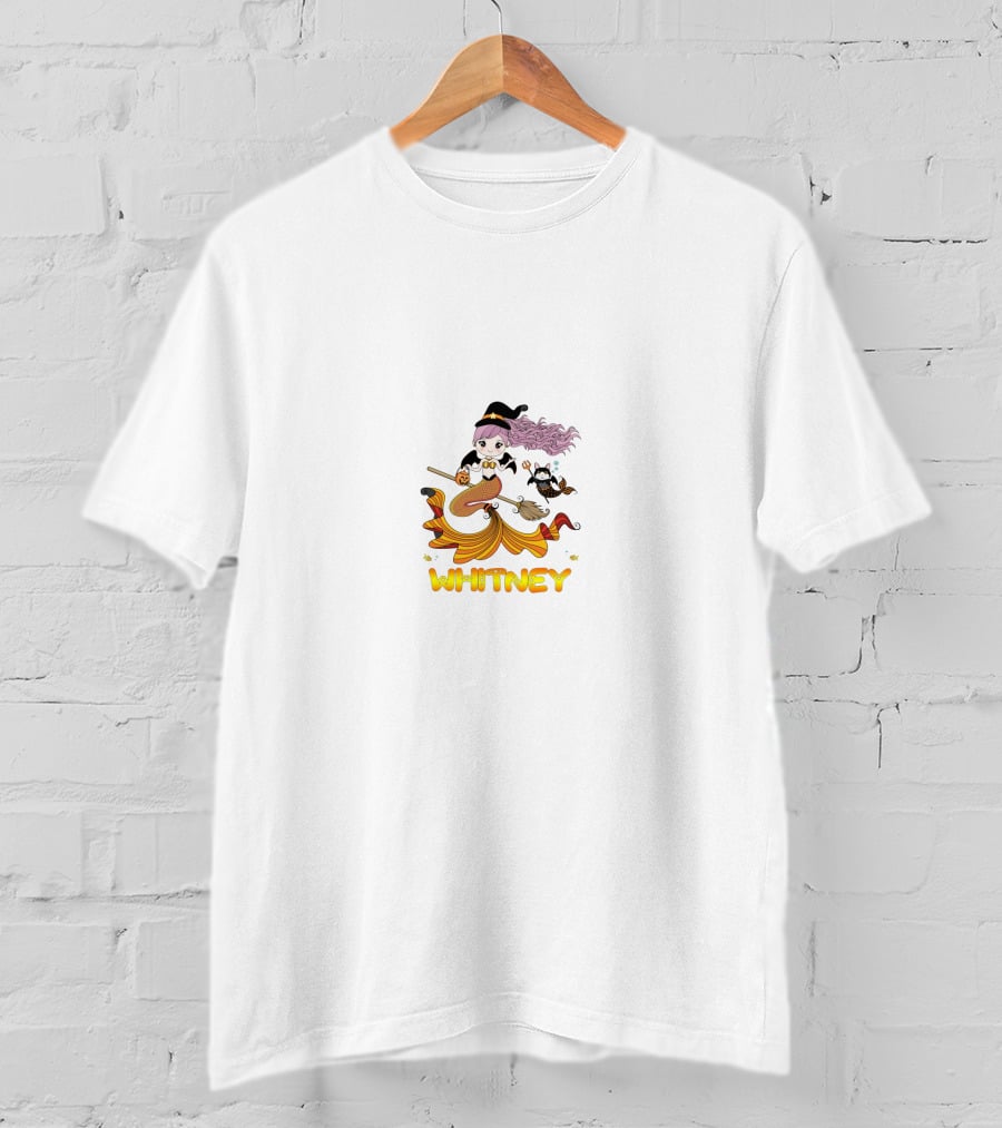 WHITNEY Halloween Witch Flying On Broom With Cat T-Shirt