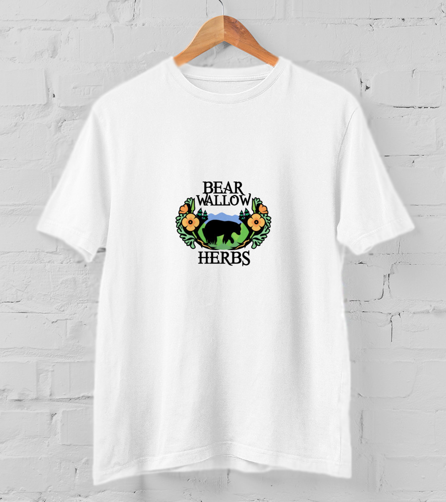 Bear Wallow Herbs Logo Bear Silhouette Mountains Flowers T-Shirt