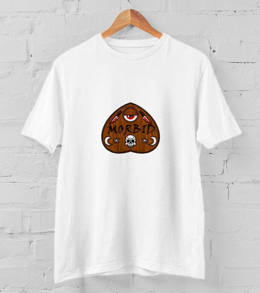 Morbid Podcast Wood Ouija Skull Knives Crescent Moon T-Shirt