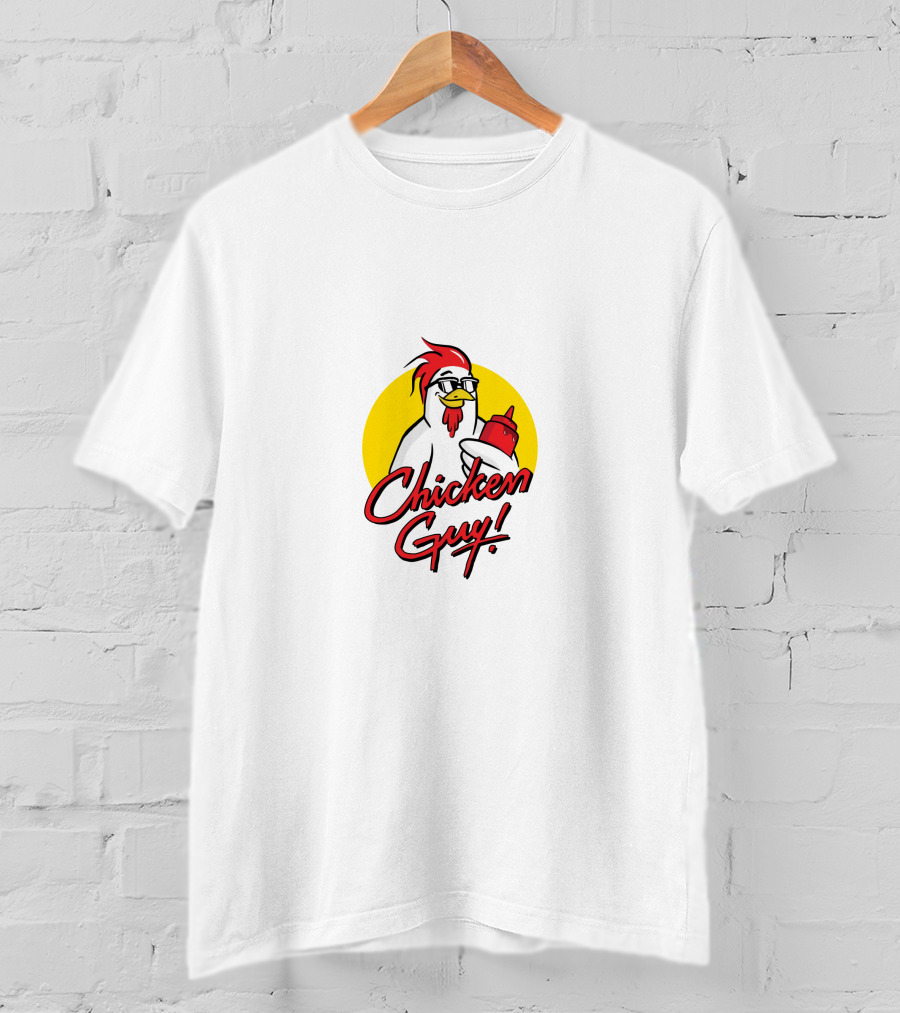 Chicken Guy Holding Sauce Bottle In Yellow Circle T-Shirt
