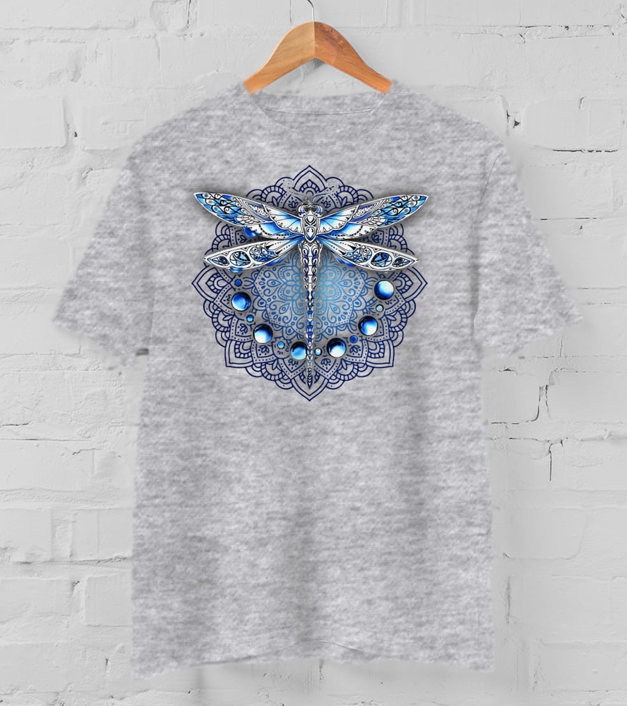 FLY GRADON Intricate Mandala Dragonfly Blue Gem Elements T-Shirt