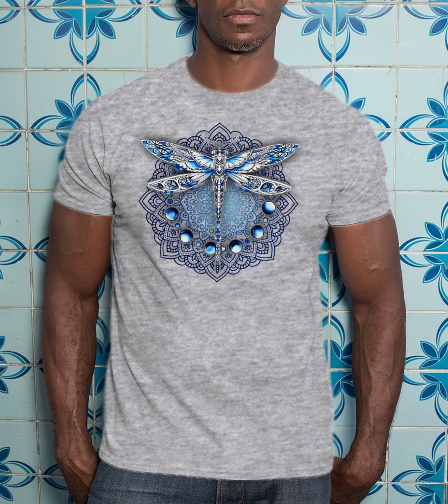 FLY GRADON Intricate Mandala Dragonfly Blue Gem Elements T-Shirt