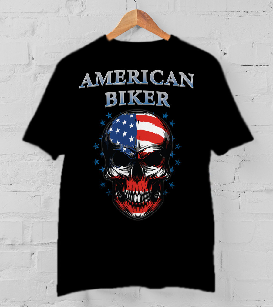 American Biker USA Flag Skull Bike Knight T-Shirt