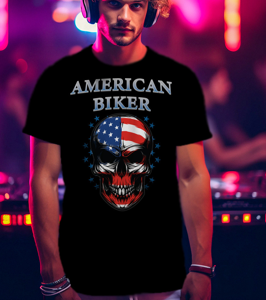 American Biker USA Flag Skull Bike Knight T-Shirt