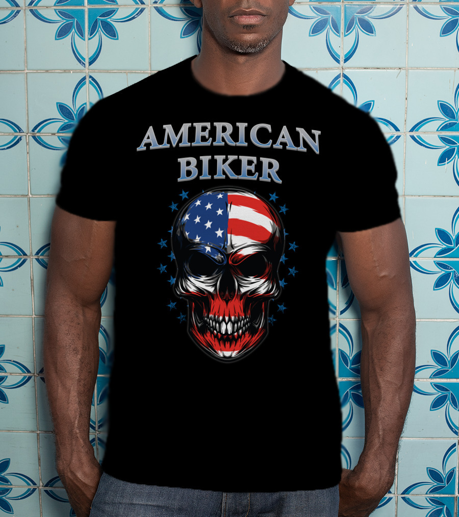 American Biker USA Flag Skull Bike Knight T-Shirt