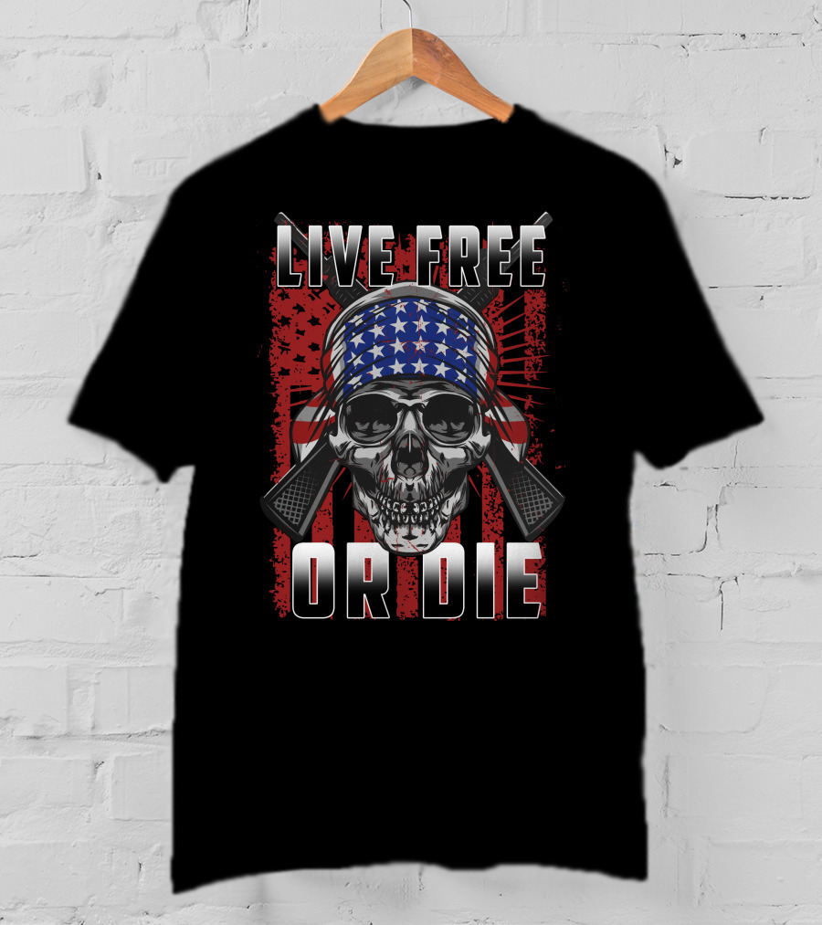 LIVE FREE OR DIE Skull American Flag Bandana T-Shirt