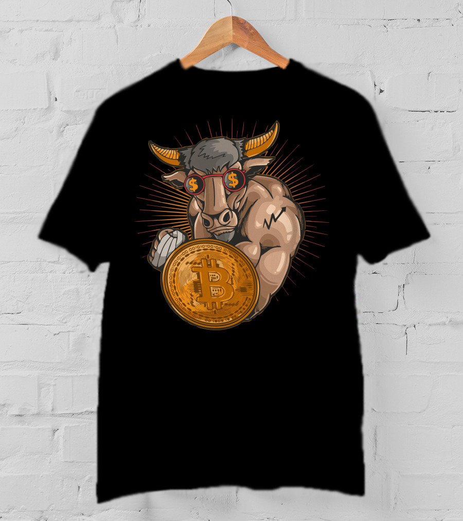 Bull With Bitcoin Shield And Dollar Sign Glasses T-Shirt