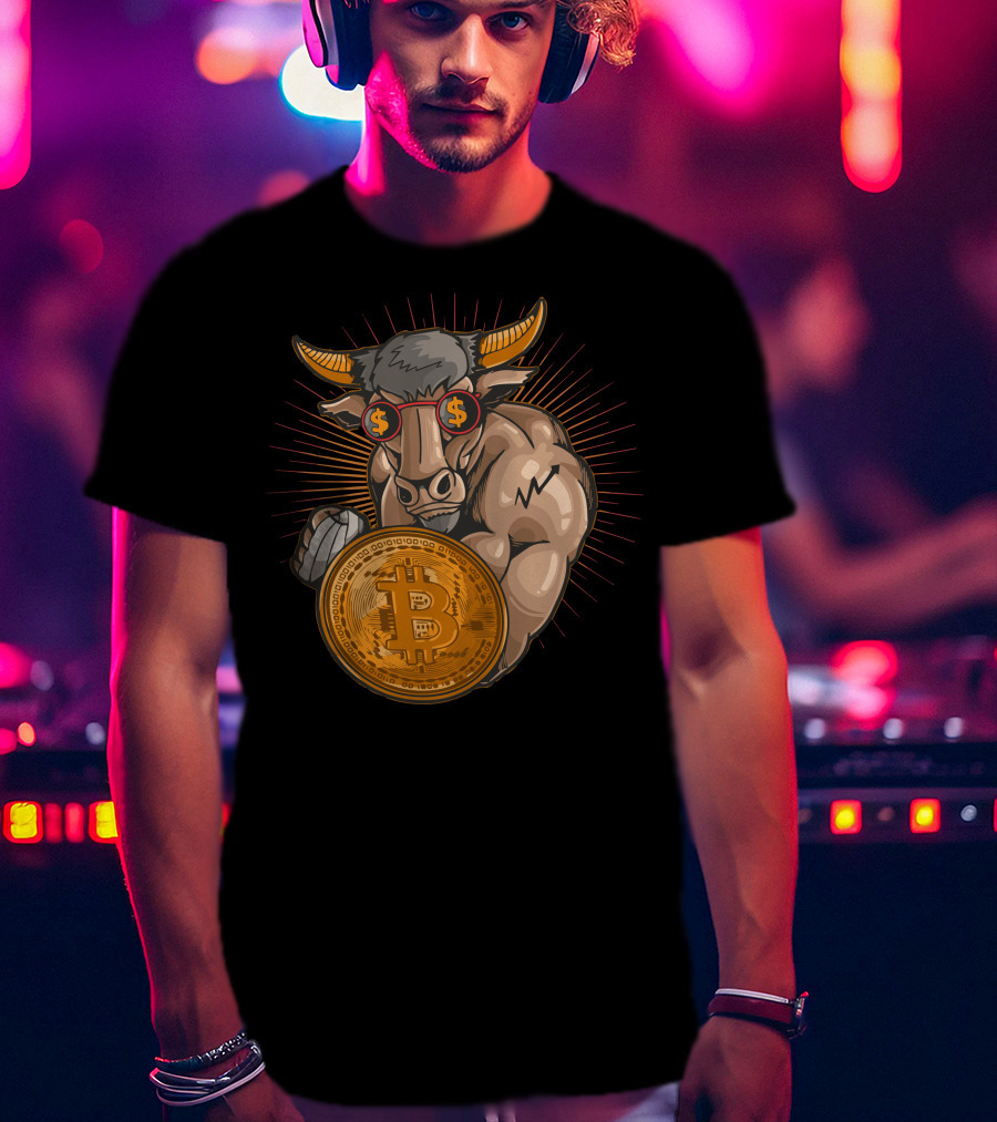 Bull With Bitcoin Shield And Dollar Sign Glasses T-Shirt