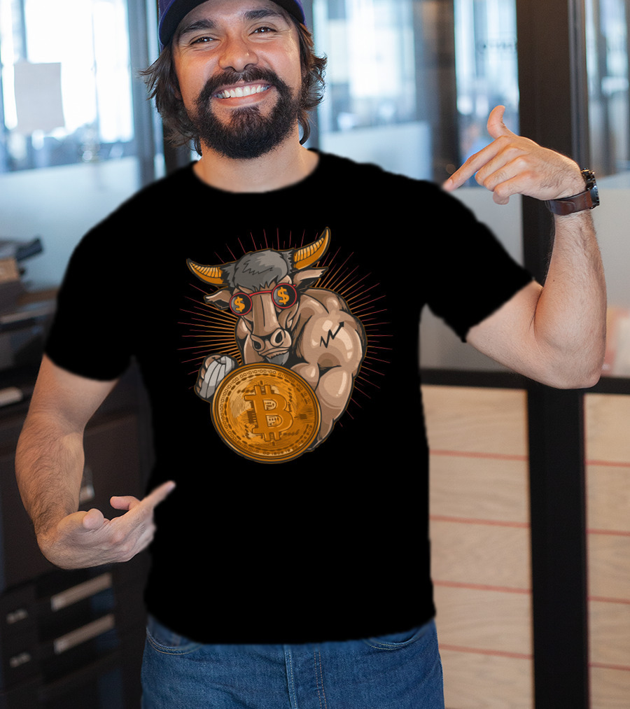 Bull With Bitcoin Shield And Dollar Sign Glasses T-Shirt