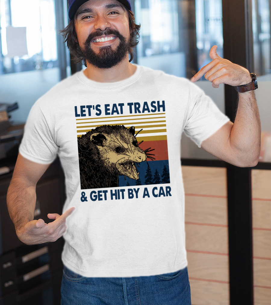 LET'S EAT TRASH And GET HIT BY A CAR Opossum Vintage Retro Stripe Forest T-Shirt
