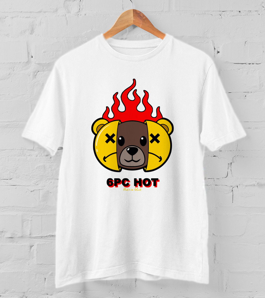 6pc Hot Make On Black Flame Bear T-Shirt