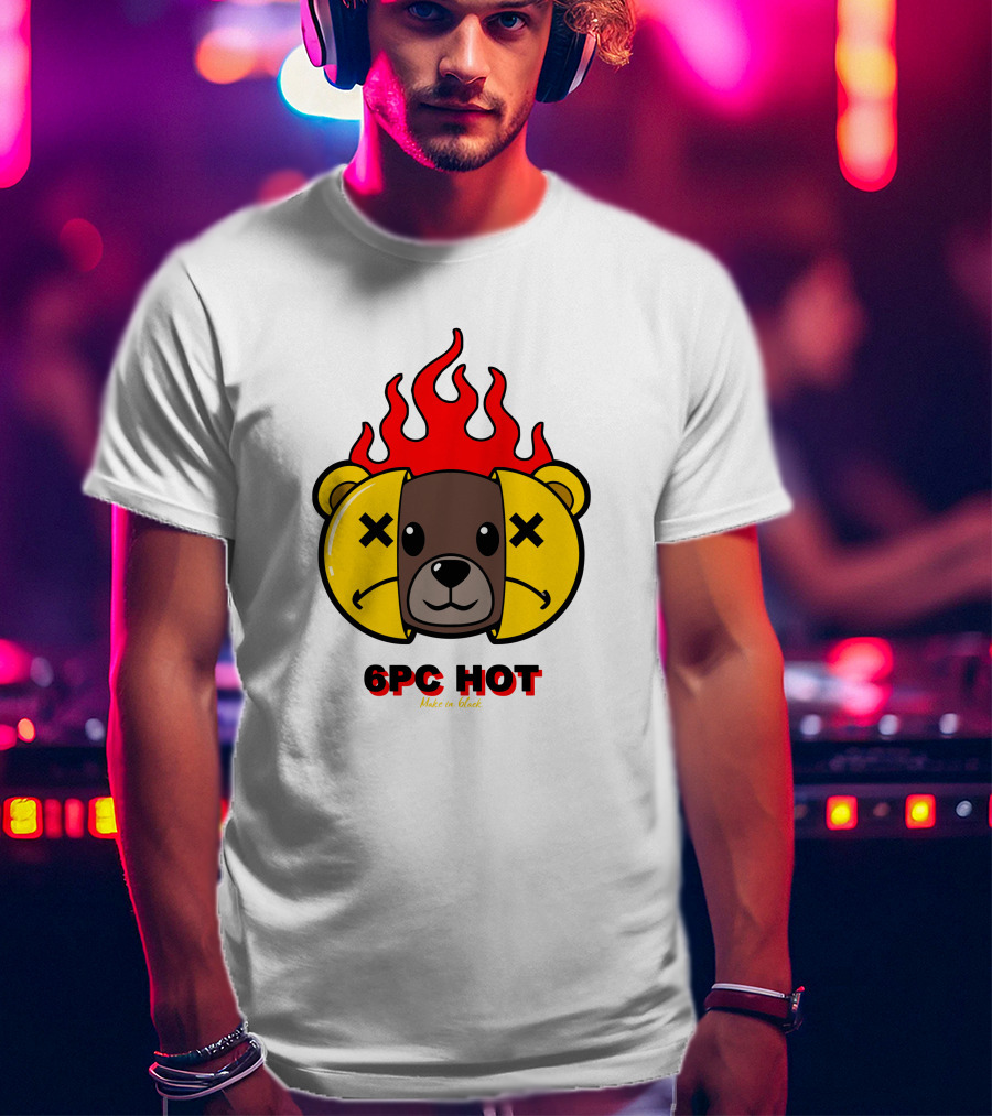6pc Hot Make On Black Flame Bear T-Shirt