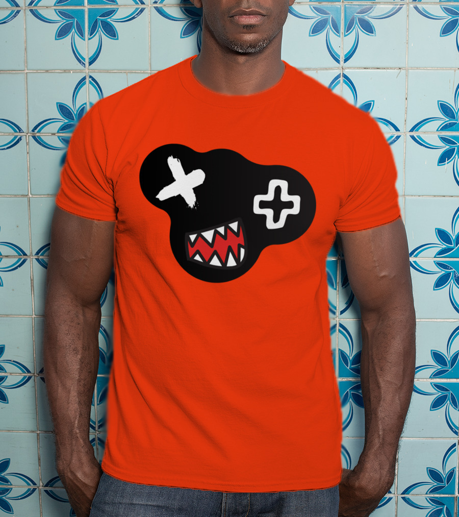 Monstrosity X Plus Mark Teeth Icon On Black Blob Shape T-Shirt