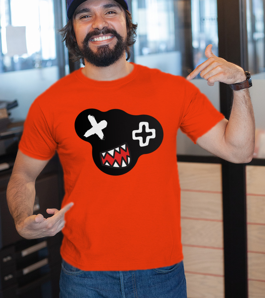 Monstrosity X Plus Mark Teeth Icon On Black Blob Shape T-Shirt