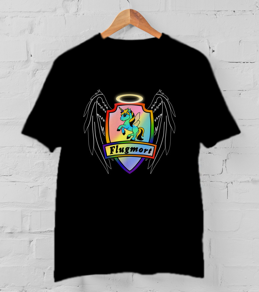 Flugmort Rainbow Unicorn Crest With Black Angel Wings Halo T-Shirt