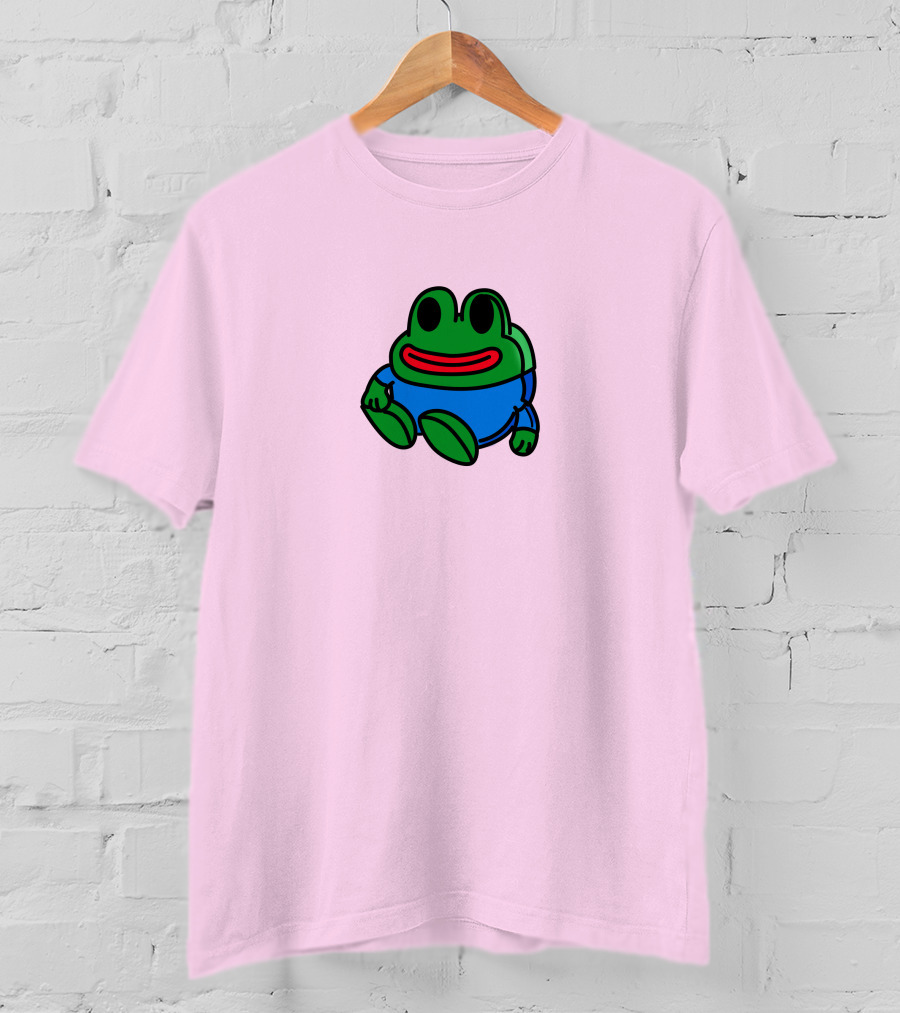 Mizkif Sat REALMizkif Pepe Frog Sitting Cartoon Pink Background T-Shirt