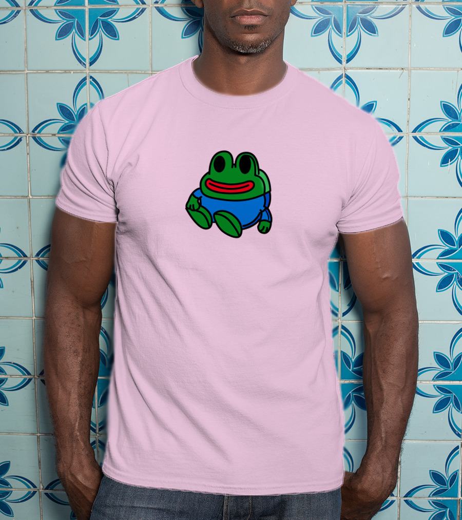 Mizkif Sat REALMizkif Pepe Frog Sitting Cartoon Pink Background T-Shirt