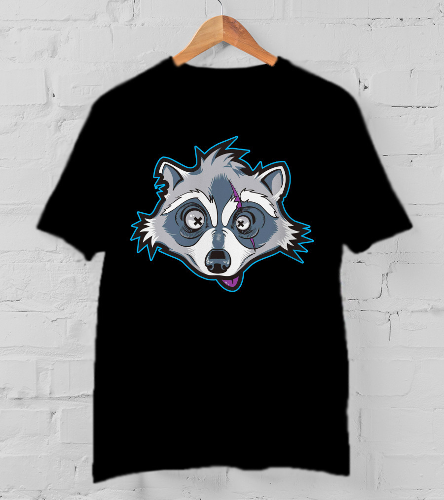 Asimister Raccoon Cartoon With Crossed Eyes And Blue Outline T-Shirt