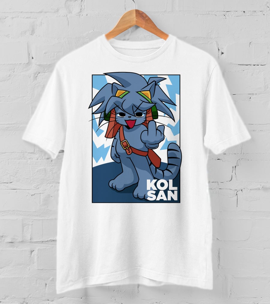 Kolsan Attitude Blue Cat Character With Lightning Bolt Background T-Shirt