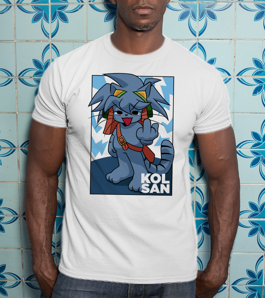 Kolsan Attitude Blue Cat Character With Lightning Bolt Background T-Shirt