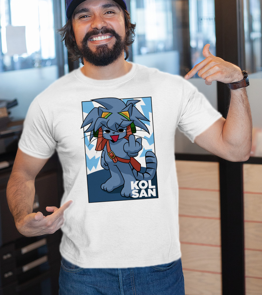 Kolsan Attitude Blue Cat Character With Lightning Bolt Background T-Shirt