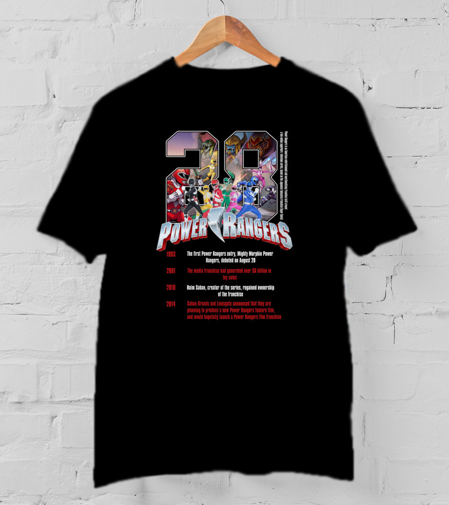28 Power Rangers 1993-2014 Mighty Morphin Franchise History Timeline T-Shirt