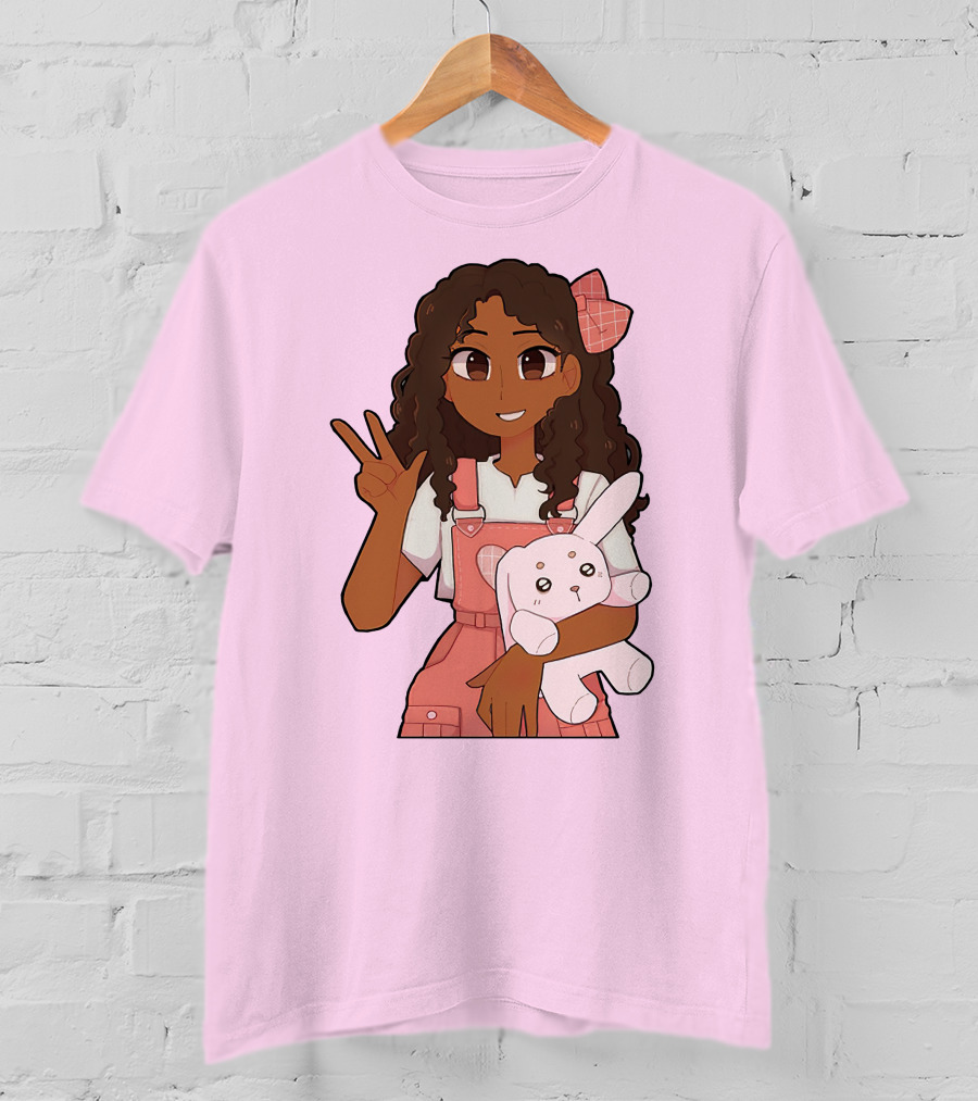 Akeila Merch Anime Style Character With Pink Overalls And Stuffed Bunny T-Shirt