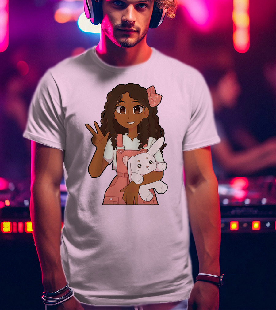 Akeila Merch Anime Style Character With Pink Overalls And Stuffed Bunny T-Shirt