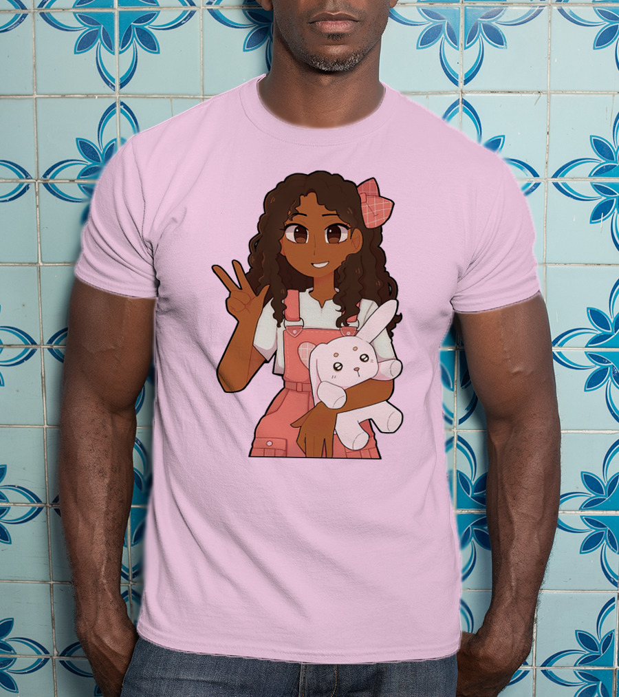 Akeila Merch Anime Style Character With Pink Overalls And Stuffed Bunny T-Shirt