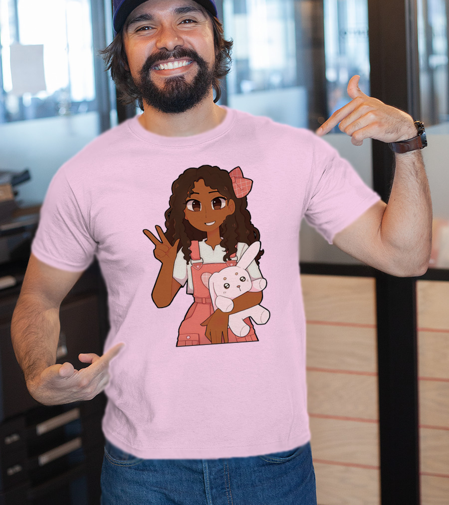Akeila Merch Anime Style Character With Pink Overalls And Stuffed Bunny T-Shirt