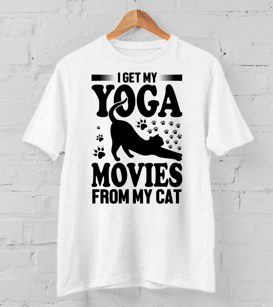 I Get My Yoga Moves And Inspiration From My Cat With Paw Prints And Stretching Cat T-Shirt