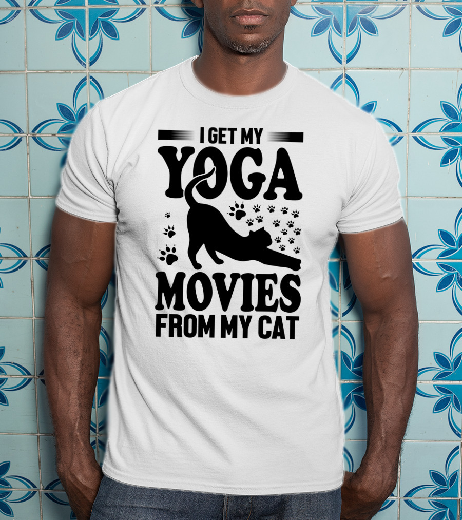 I Get My Yoga Moves And Inspiration From My Cat With Paw Prints And Stretching Cat T-Shirt