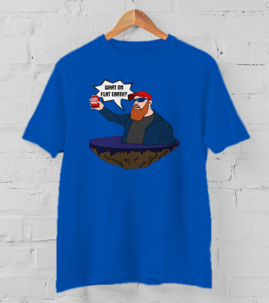 Brent Terhune What On Flat Earth Comedy Satire Floating Island Red Hat Beard Sunglasses Blue Jacket Can T-Shirt