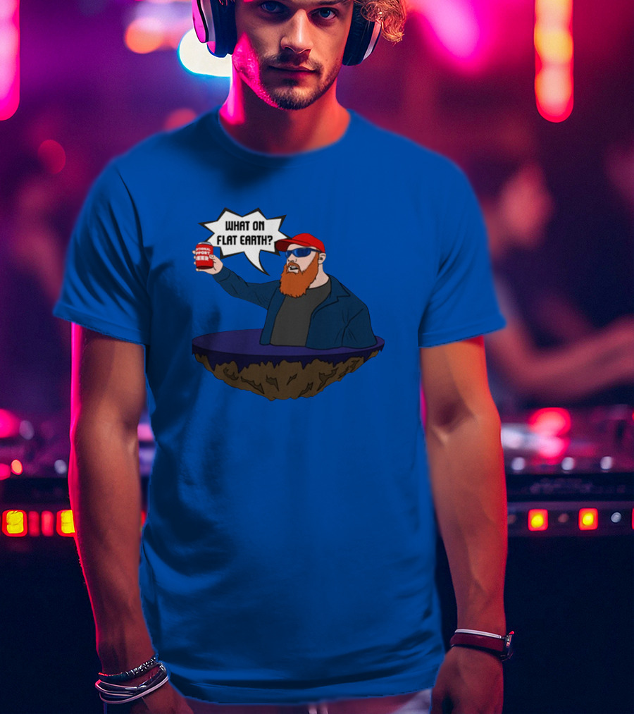 Brent Terhune What On Flat Earth Comedy Satire Floating Island Red Hat Beard Sunglasses Blue Jacket Can T-Shirt