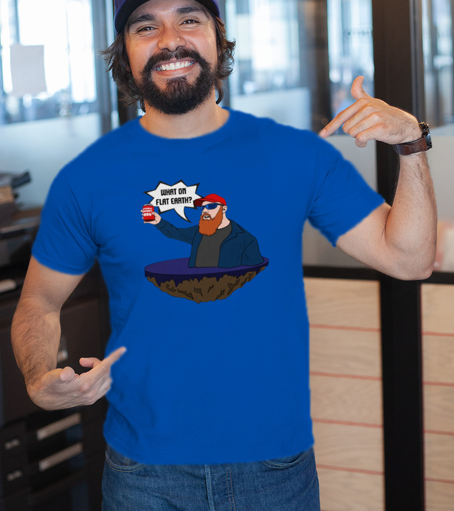 Brent Terhune What On Flat Earth Comedy Satire Floating Island Red Hat Beard Sunglasses Blue Jacket Can T-Shirt
