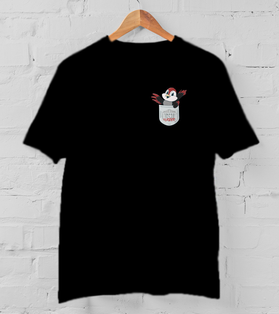 Pocket Robin Cartoon With Murder Text And Small Town House T-Shirt