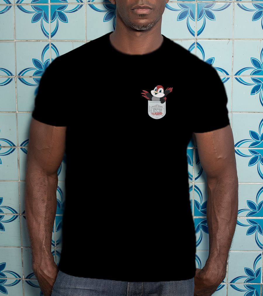 Pocket Robin Cartoon With Murder Text And Small Town House T-Shirt