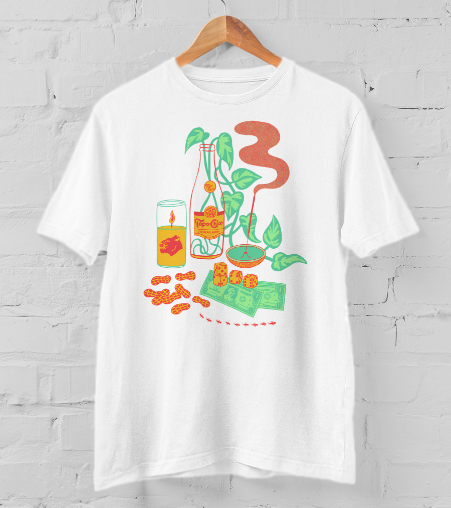 Quarenscene Natural Simone Thornton Topo Chico Peanuts Candle Dice Leaves Money Ants T-Shirt
